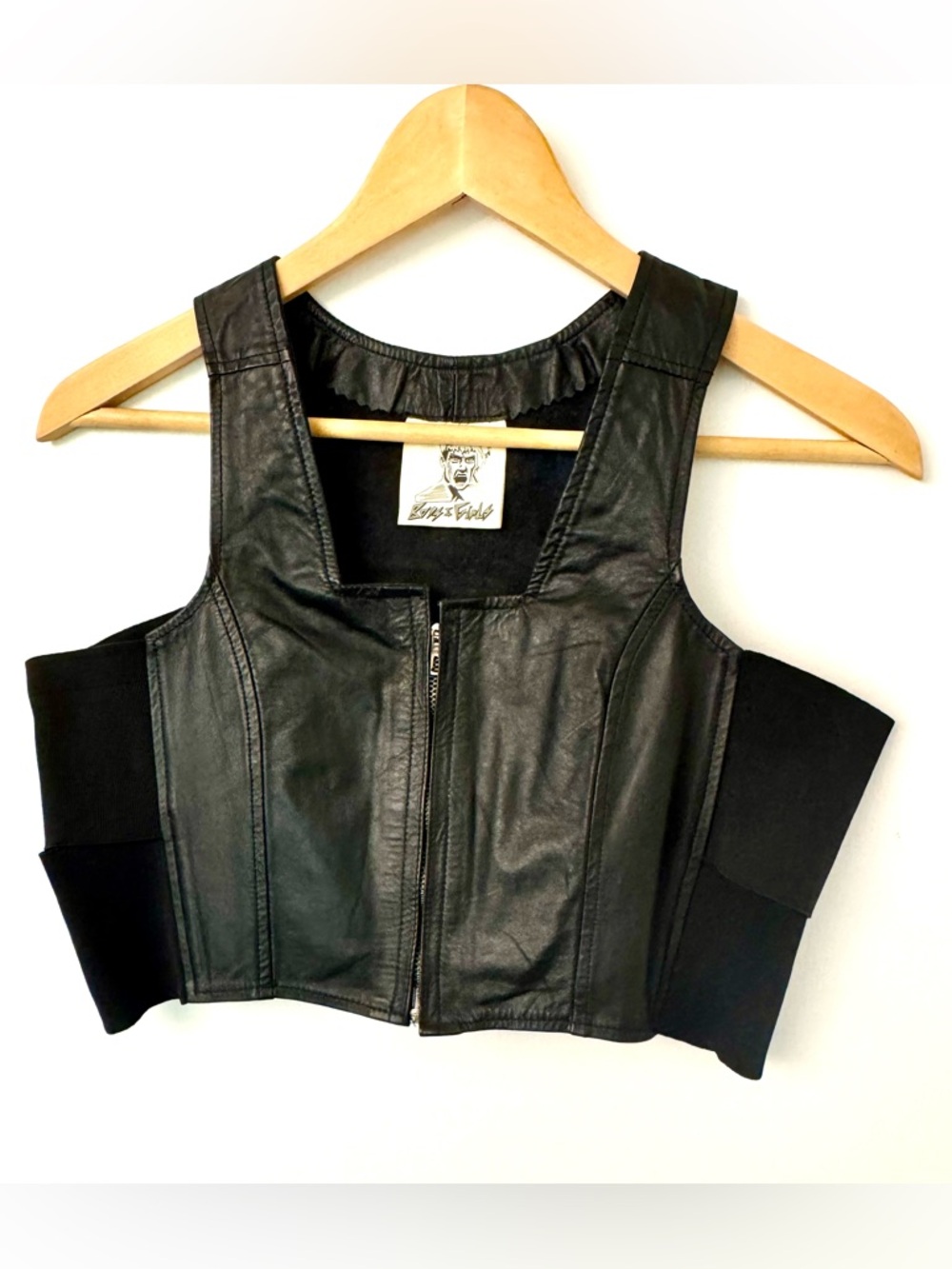 Vintage cropped black leather vest with zipper